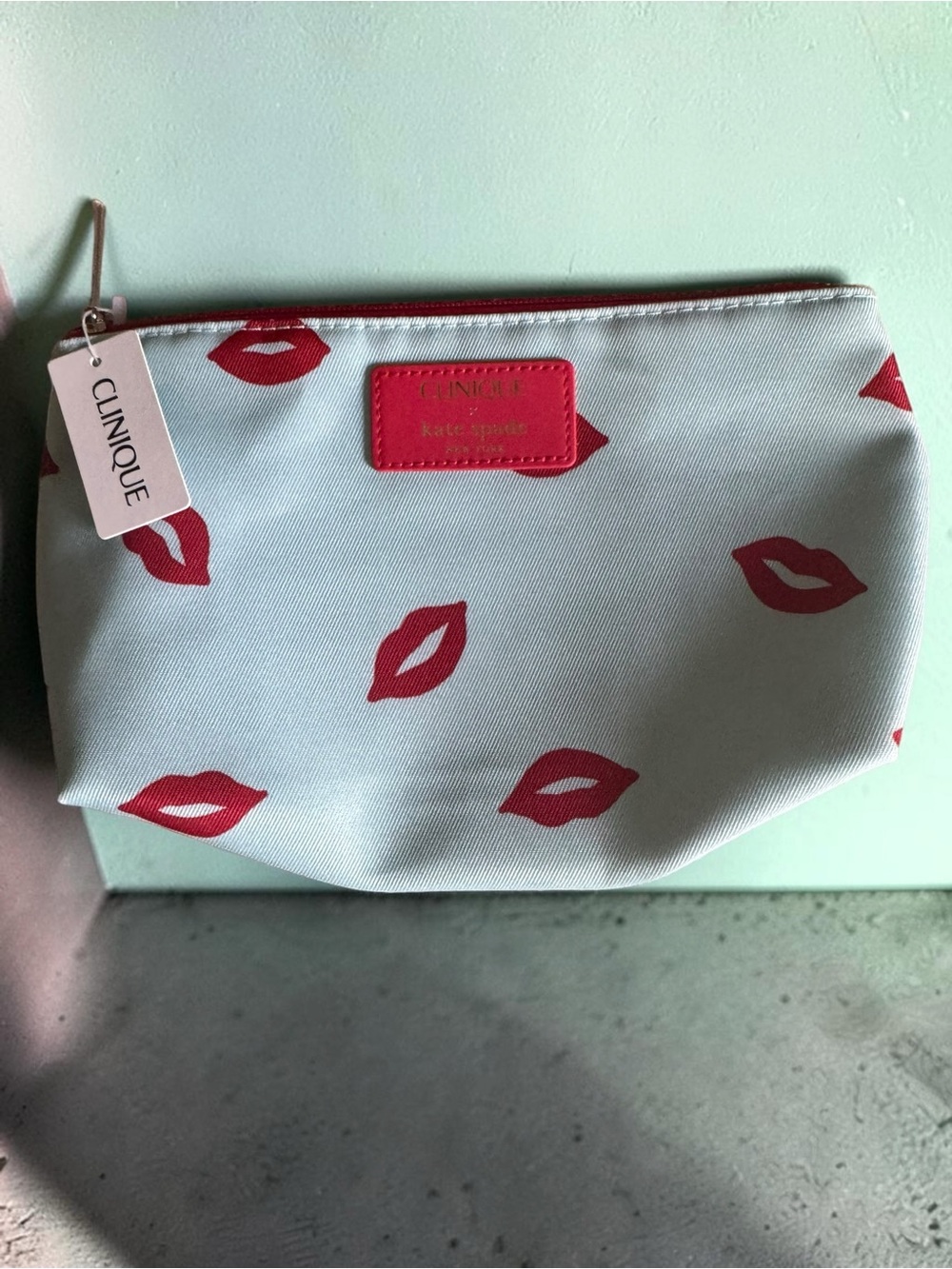 Clinique White Cosmetic Pouch with Red Lip Print